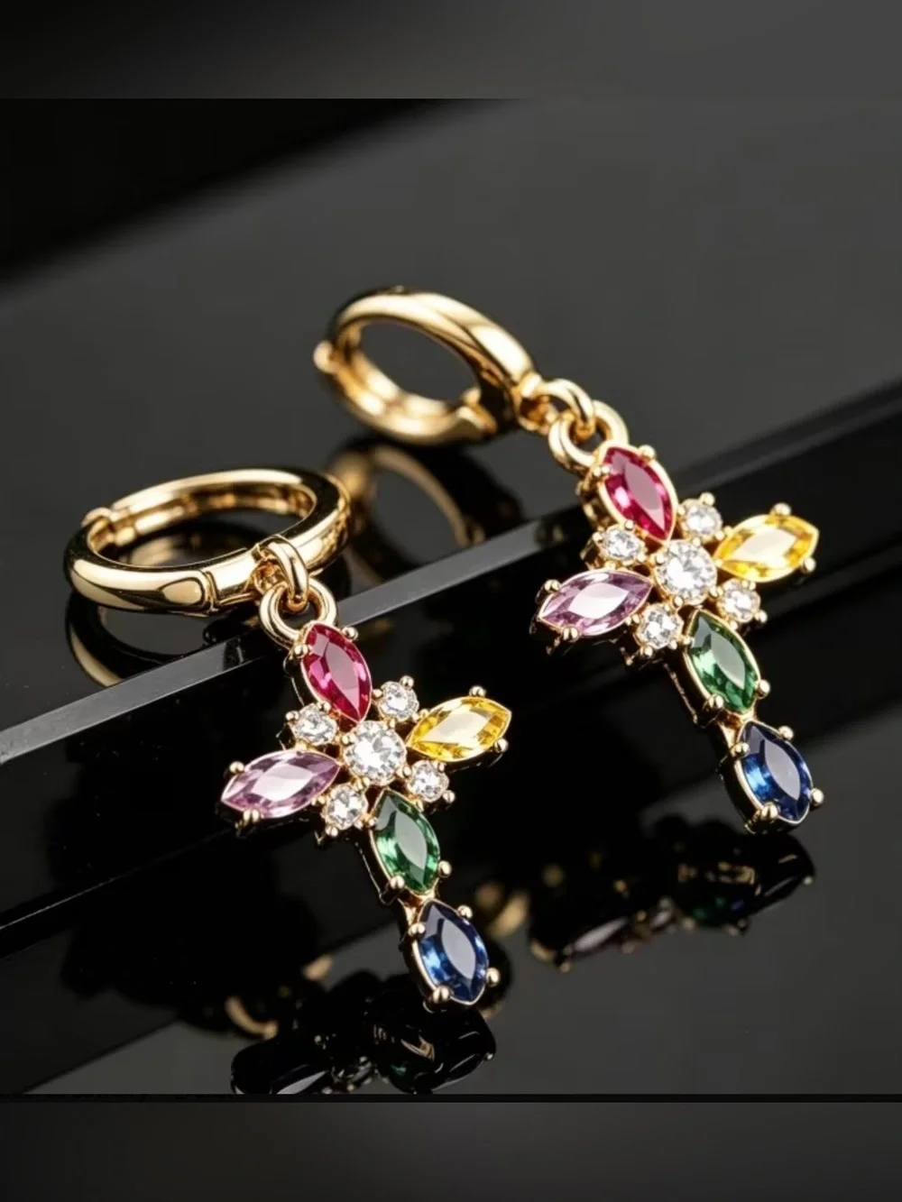 Gold Multicolor Cross CZ Drop Earrings -_7